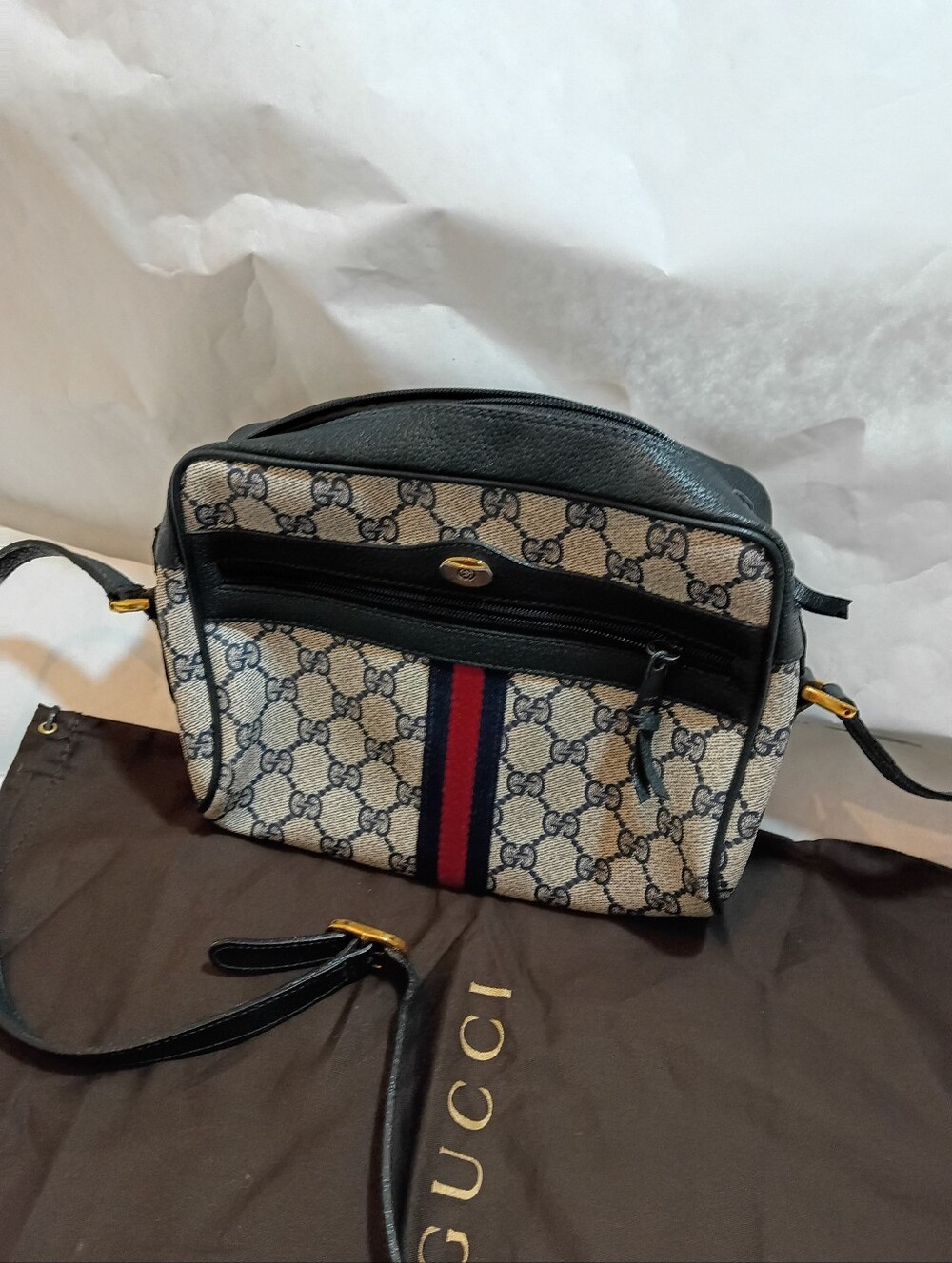 Vtg 80s Gucci Navy  Ophidia  Web Stripe Crossbody Bag Collection  Authentic